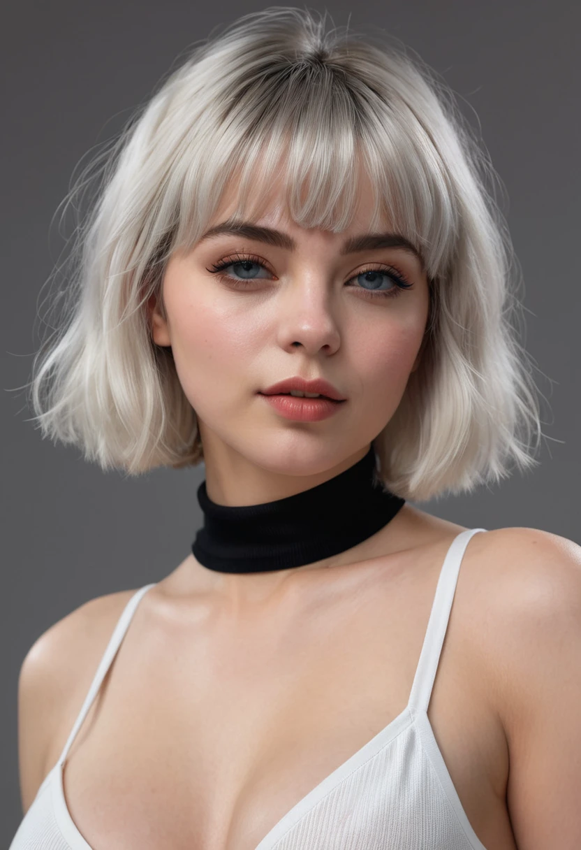 (best quality, 4k, 8k, high-res, masterpiece), ultra-detailed, (realistic, photorealistic, photo-realistic), 1girl, solo, looking at viewer, short hair, bangs, upper body, white hair, lips, , makeup, nose, black 