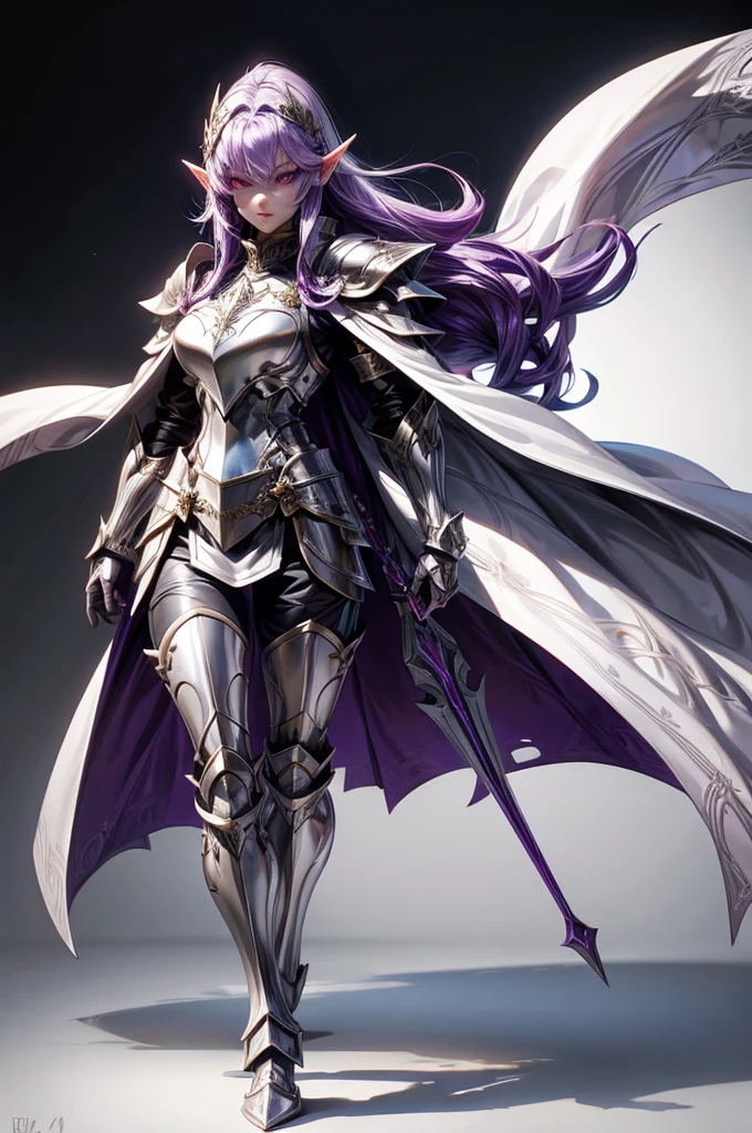 female elf knight, full body art, purple hair, white skin, red iris eye, knight full plate adorned armor, silver cape, perfectly detailed