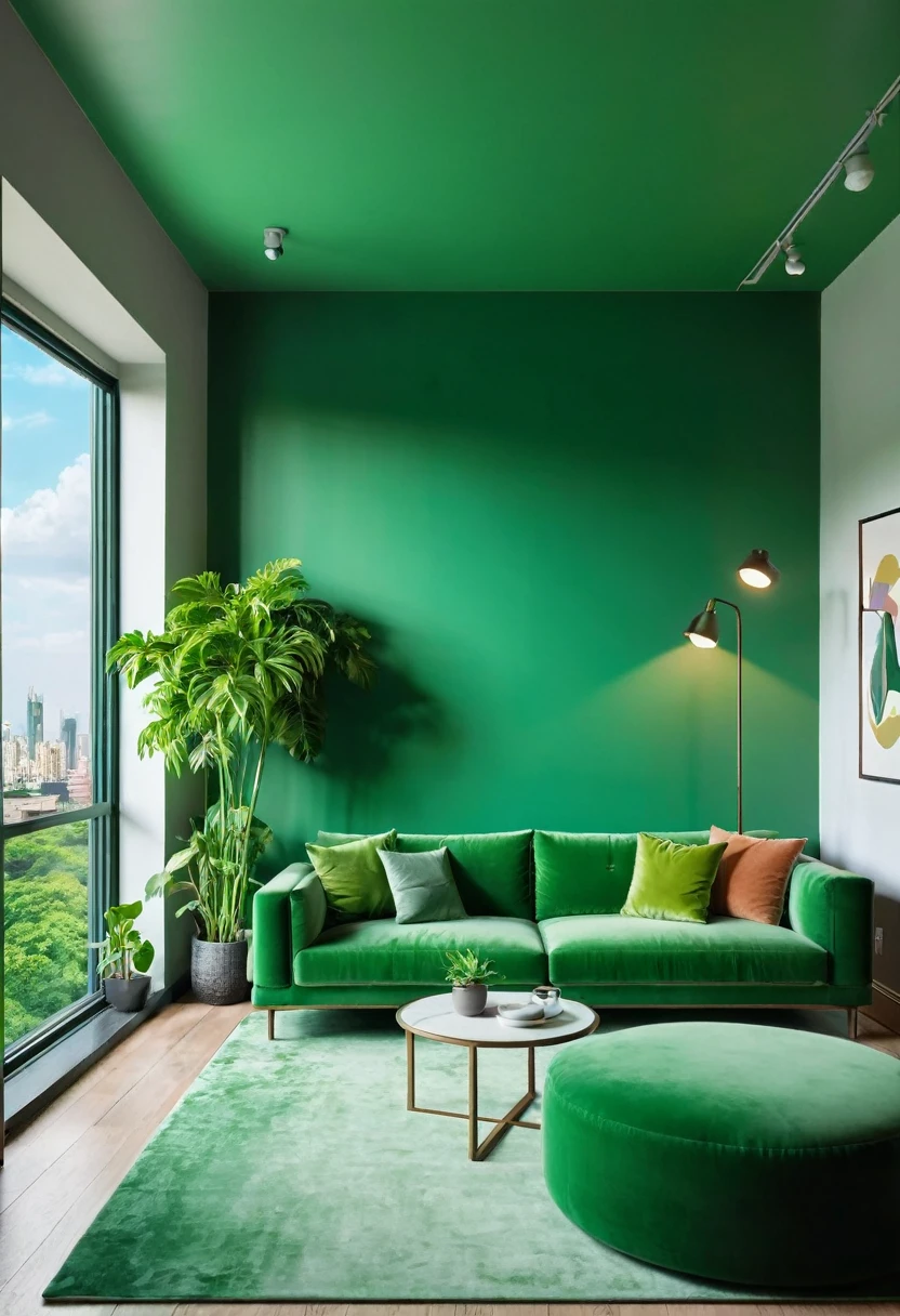 A green living room with a green sofa, green walls, and a green ceiling. There are plants in the room and a view of the city outside. The mood is peaceful and relaxing. The art style is modern and minimalist. The camera is positioned in the center of the room, and the lens is wide-angle. The lighting is soft and natural. The colors are vibrant and saturated. The texture is smooth and glossy. The background is blurred. The rendering is realistic.