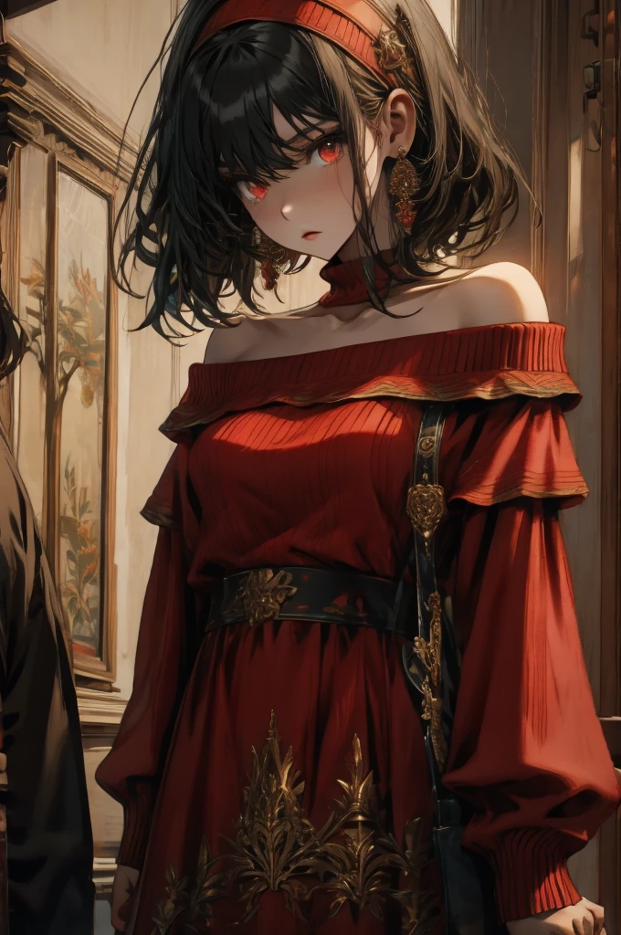 masterpiece, yor, 1girl, solo, looking at viewer, black hair, red eyes, dress, bare shoulders, jewelry, collarbone, sidelocks, hairband, earrings, indoors, off shoulder, :o, sweater, arms behind back, plant, short hair with long locks, white hairband, off-shoulder dress, sweater dress, off-shoulder sweater, red sweater, big side hair, very long side hair,