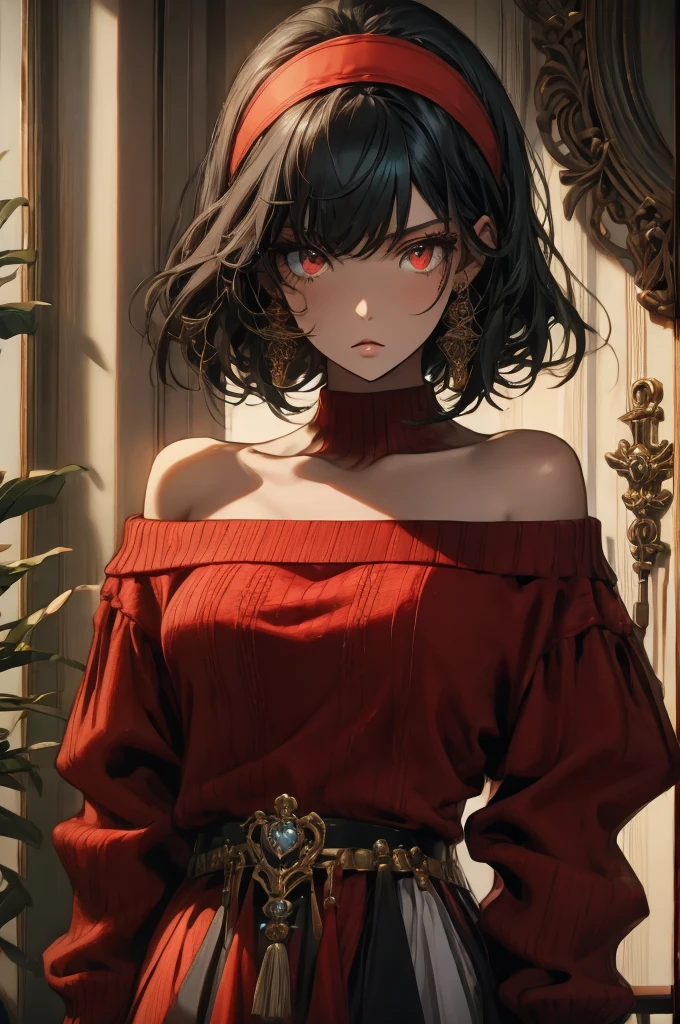 masterpiece, yor, 1girl, solo, looking at viewer, black hair, red eyes, dress, bare shoulders, jewelry, collarbone, sidelocks, hairband, earrings, indoors, off shoulder, :o, sweater, arms behind back, plant, short hair with long locks, white hairband, off-shoulder dress, sweater dress, off-shoulder sweater, red sweater, big side hair, very long side hair,