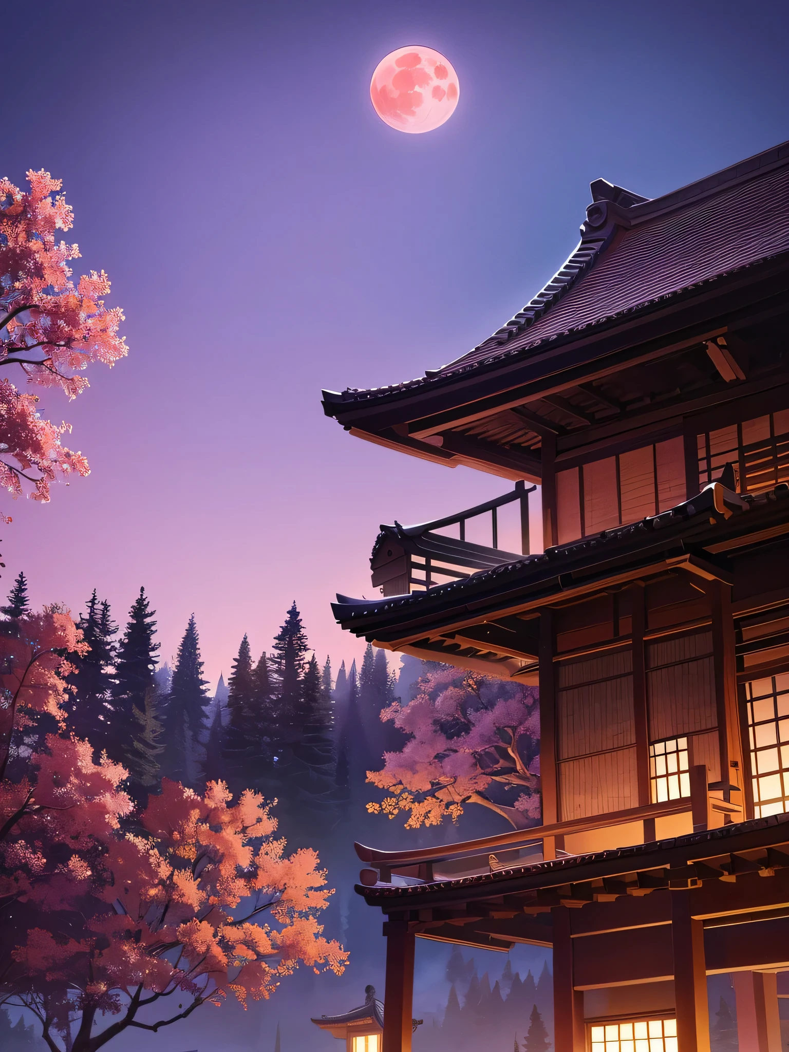 An giant ancient Japanese temple in a land of trees with no leaves and a purple night sky with a red moon in the background 