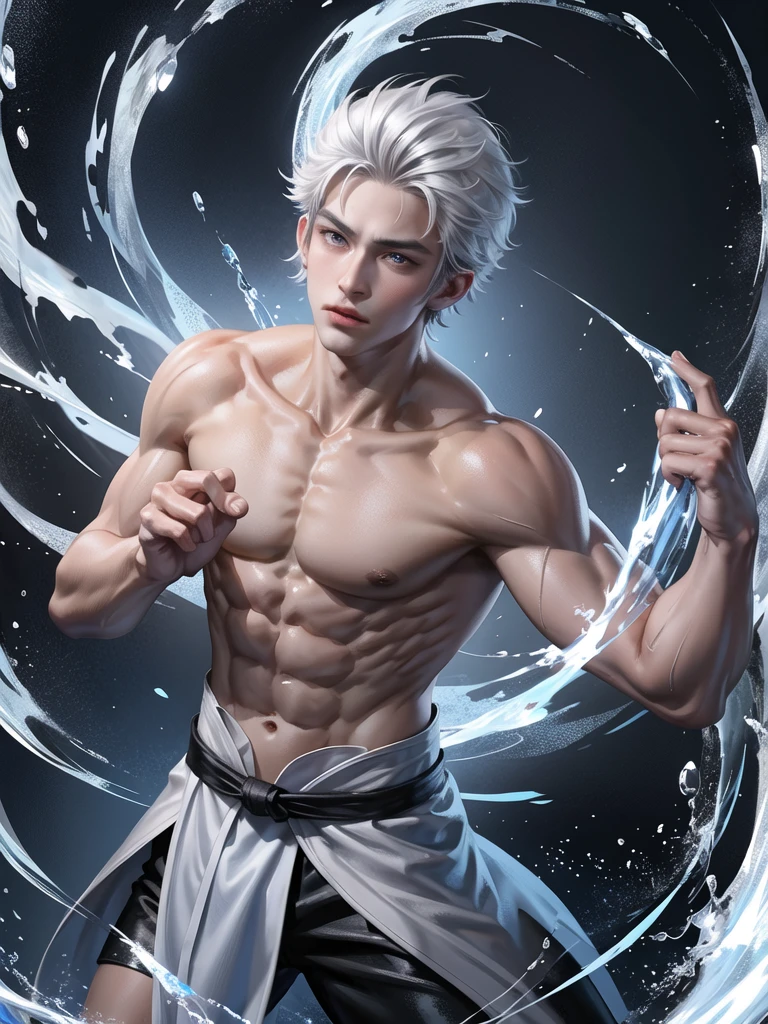 (Martial arts style works),(quality),(height)   ,1 boy,light black eyes, Short, dark indigo white hair., alone,(Detailed background of a young boy),A handsome, cool and detailed face.,fairy tale,(dragon race),The body is muscular and shiny...,Swordsman,,light picture narration movie,Didn&#39;t see the view.,Not looking at the view.,light and shadow,Wear a handsome and cool traditional Chinese outfit with perfect details..(Wear a set of pants),Wear a long, beautiful, black, red, and white traditional Chinese dress.,,floating on fire,, There was a single, detailed red-black ring around its back..