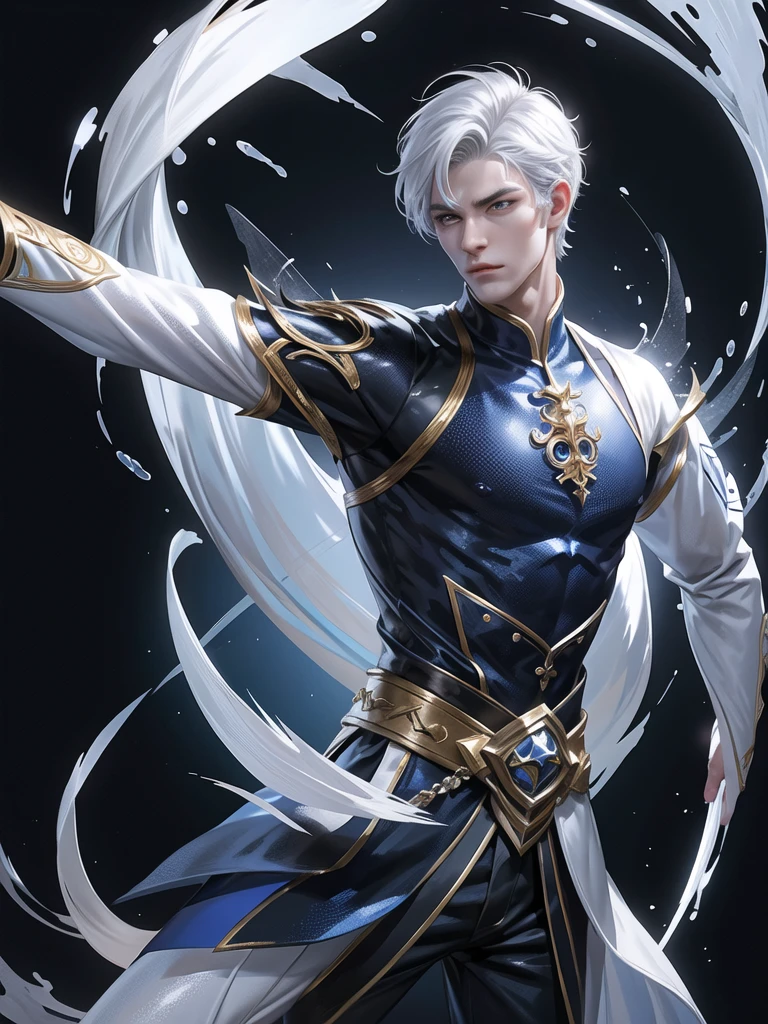 (Martial arts style works),(quality),(height) ,1 boy,light black eyes, Short, dark indigo white hair., alone,(Detailed background of a young boy),A handsome, cool and detailed face.,fairy tale,(dragon race),The body is muscular and shiny...,Swordsman,,light picture narration movie,Didn't see the view.,Not looking at the view.,light and shadow,Wear a handsome and cool traditional Chinese outfit with perfect details..(Wear a set of pants),Wear a long, beautiful, black, red, and white traditional Chinese dress.,,floating on fire,, There was a single, detailed red-black ring around its back..