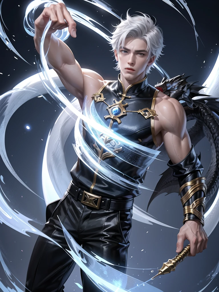 (Martial arts style works),(quality),(height)   ,1 boy,light black eyes, Short, dark indigo white hair., alone,(Detailed background of a young boy),A handsome, cool and detailed face.,fairy tale,(dragon race),The body is muscular and shiny...,Swordsman,,light picture narration movie,Didn&#39;t see the view.,Not looking at the view.,light and shadow,Wear a handsome and cool traditional Chinese outfit with perfect details..(Wear a set of pants),Wear a long, beautiful, black, red, and white traditional Chinese dress.,,floating on fire,, There was a single, detailed red-black ring around its back..