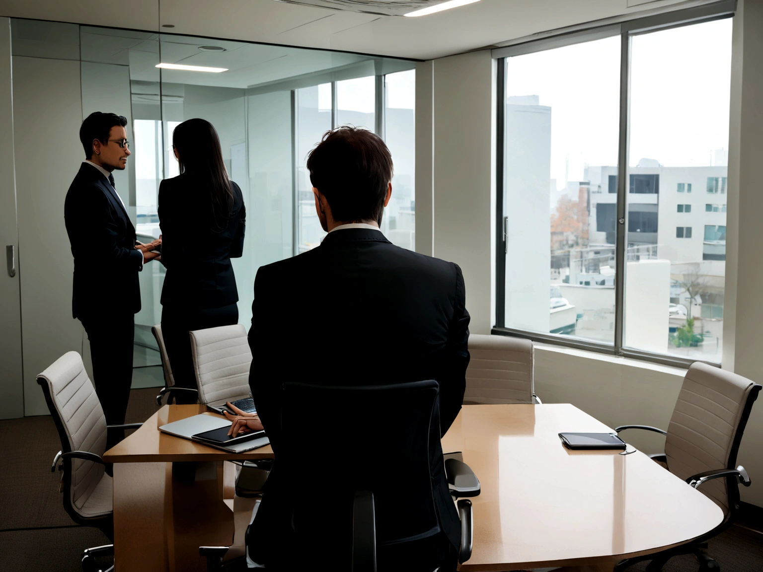 Back view of businessman having meeting with employees in conference room with laptop computer.