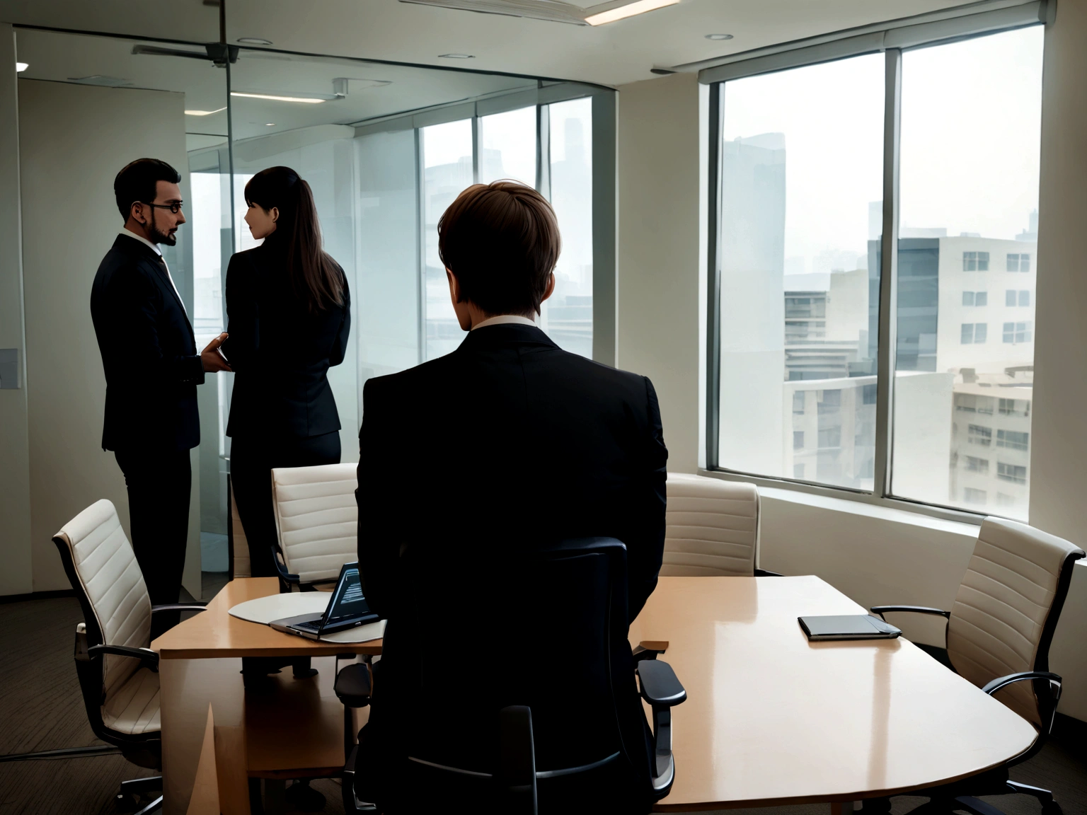 Back view of businessman having meeting with employees in conference room with laptop computer.