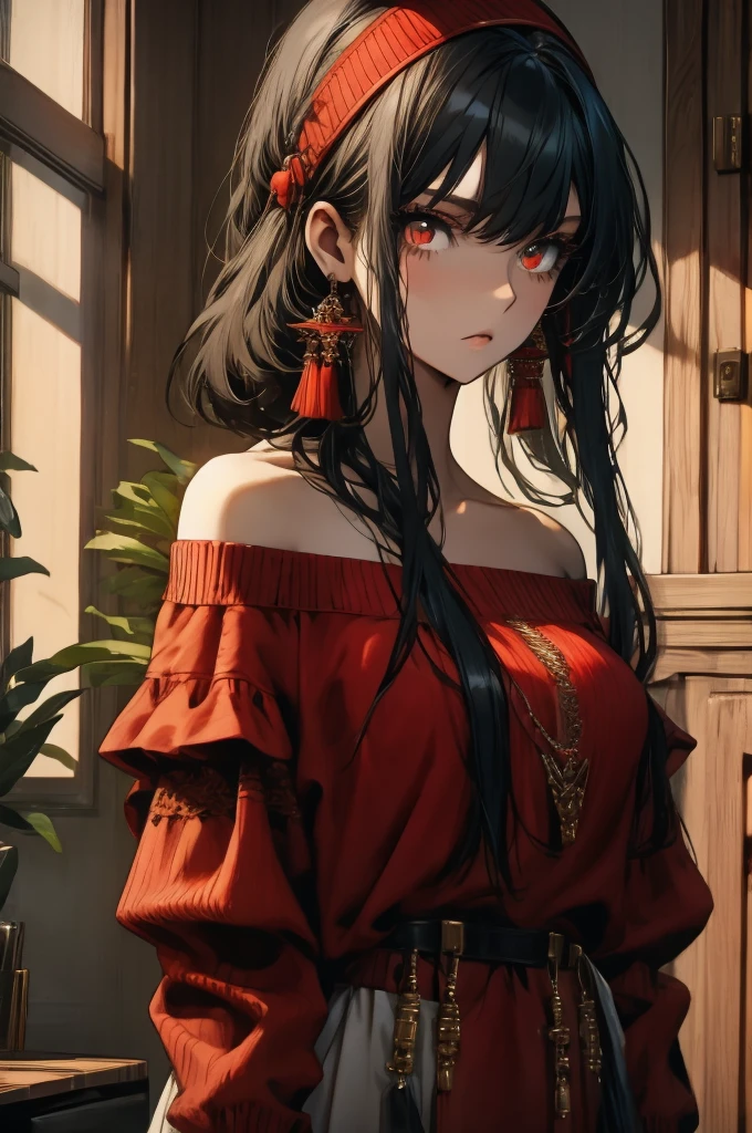 masterpiece, yor, 1girl, solo, looking at viewer, black hair, red eyes, dress, bare shoulders, jewelry, collarbone, sidelocks, hairband, earrings, indoors, off shoulder, :o, sweater, arms behind back, plant, short hair with long locks, white hairband, off-shoulder dress, sweater dress, off-shoulder sweater, red sweater, big side hair, very long side hair,