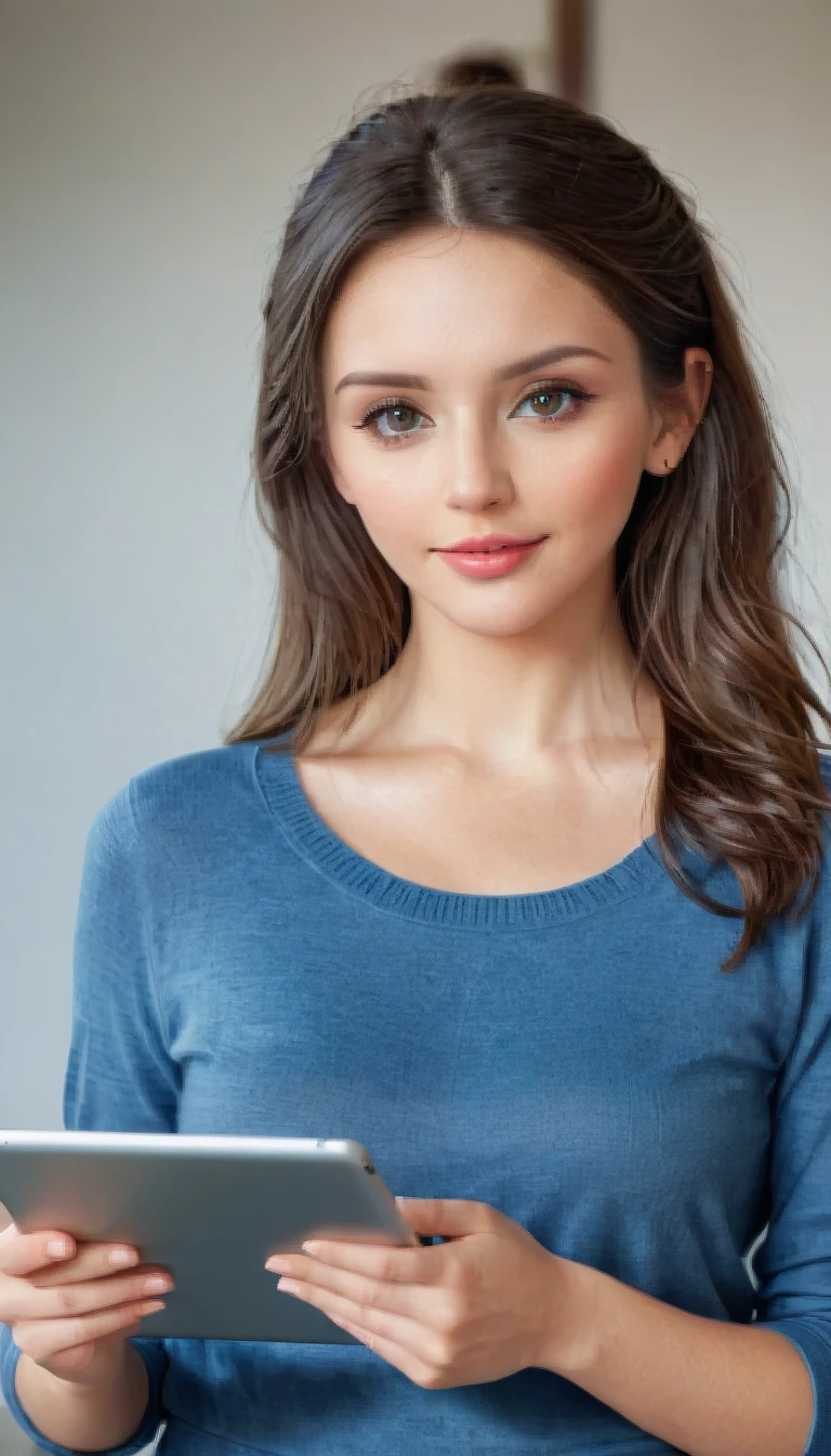 A cute brunette woman with a tablet in his hands
