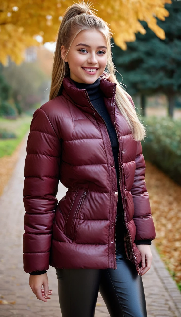 ultrarealistic high quality full body photo of a beautiful busty slim european 18-year-old woman with cute hyperdetailed shy face and natural blonde straight long ponytail and shy smile , realistic round hazel eyes, natural lips, light makeup, wearing burgundy puffer coat and leather pants, hourglass body, outdoor photography, tanned, nsfw
