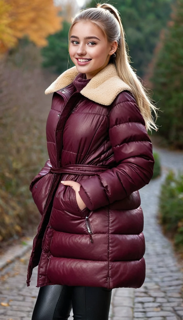 ultrarealistic high quality full body photo of a beautiful busty slim european 18-year-old woman with cute hyperdetailed shy face and natural blonde straight long ponytail and shy smile , realistic round hazel eyes, natural lips, light makeup, wearing burgundy puffer coat and leather pants, hourglass body, outdoor photography, tanned, nsfw
