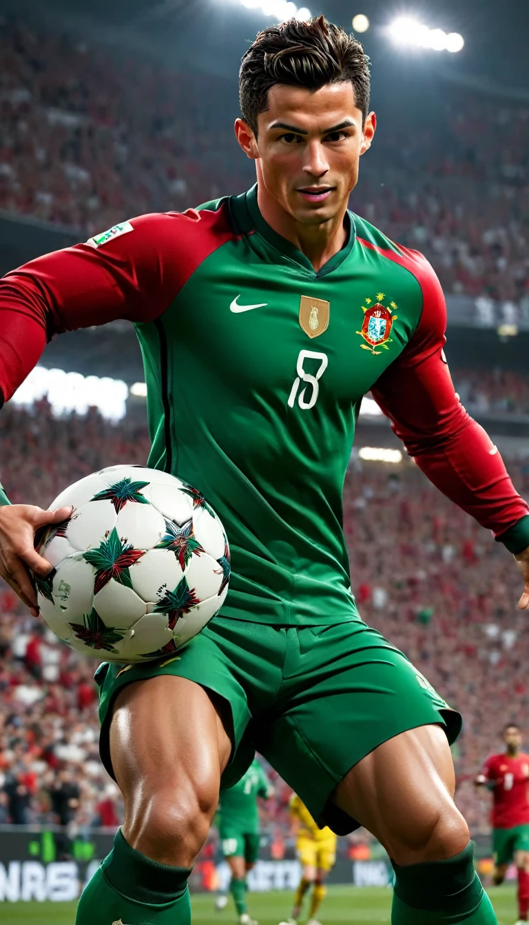 1 men,football star,Cristiano Ronaldo,celebration,Pixar style,3D,ultra high definition,8K,high quality,master,masterpiece,simple background,owo style,Portuguese national football team,Portugal national team jersey,red jacket,green shorts,