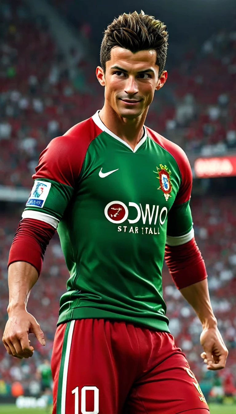 1 men,football star,Cristiano Ronaldo,celebration,Pixar style,3D,ultra high definition,8K,high quality,master,masterpiece,simple background,owo style,Portuguese national football team,Portugal national team jersey,red jacket,green shorts,