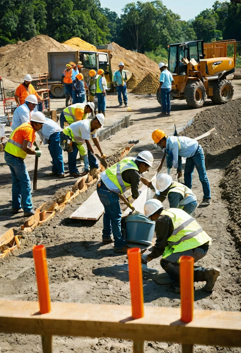 "supper" takes place on a construction site, plein-air, with a typical construction environment in the background, several people are positioned in an organized line. You "workers" are dressed in work clothes appropriate for a construction site (like helmets, Safety Vests, safety boots, Each worker is holding or near specific work tools, like trowels, BELT, hoes, hammers, The tools are laid out in a clear and organized way, ready to be picked up as each person moves through the line, Sunlight is present, iluminando a supper e destacando os detalhes das ferramentas e dos workers.