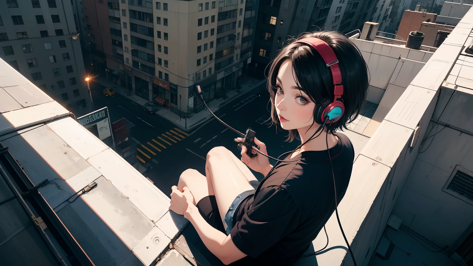 24Old woman,White skin,Black short hair,Proper makeup,Wearing a headset and listening to music,return,City of night,Put your hands in your pockets,Rooftop of a building,Top to bottom camera angles,sit,shooting star