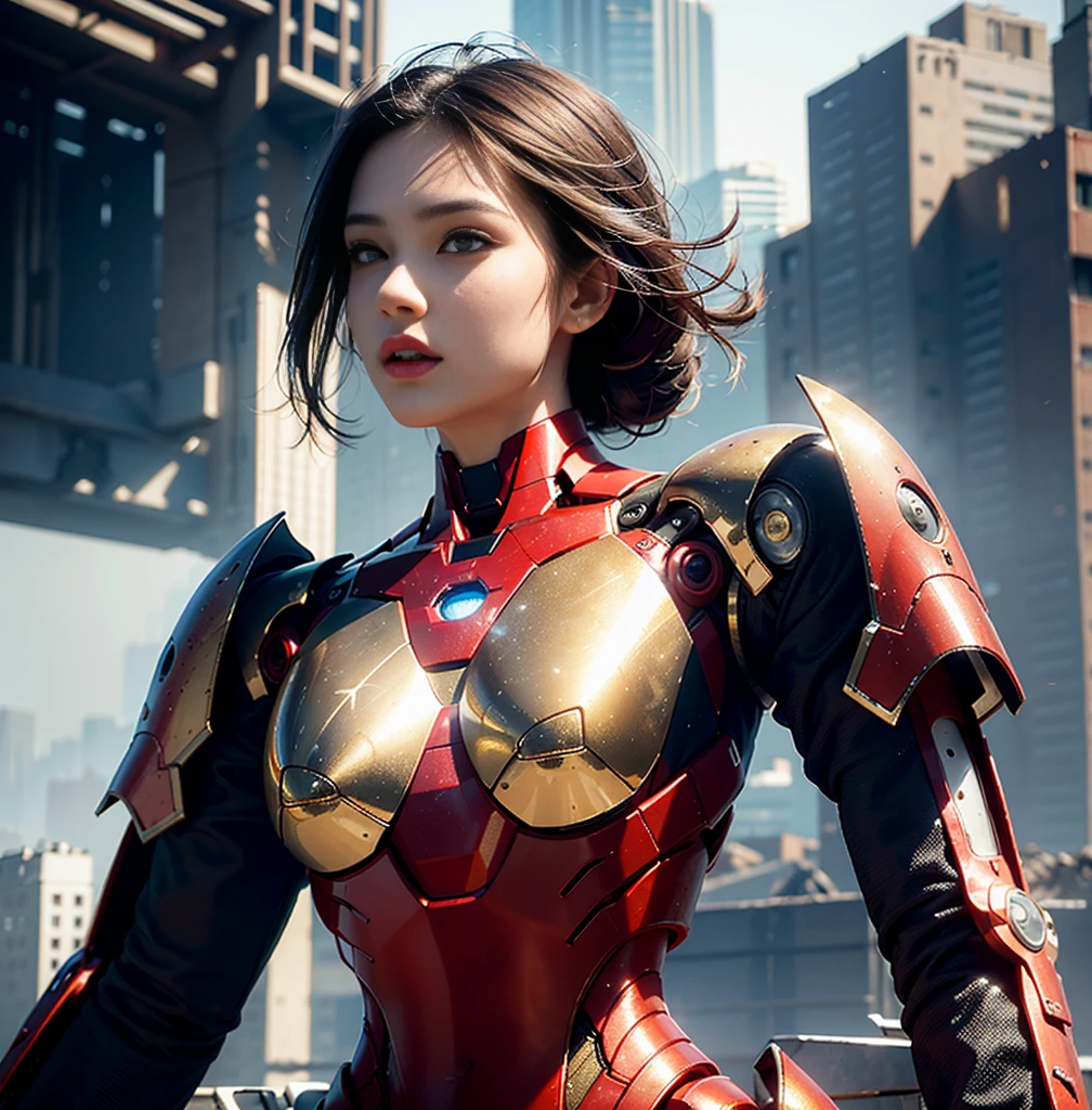 RAW, Masterpiece, Ultra Fine Photo,, Best Quality, Ultra High Resolution, Photorealistic, Sunlight, Full Body Portrait, Stunningly Beautiful,, Dynamic Poses, Delicate Face, Vibrant Eyes, (Side View) , she is wearing a futuristic Iron Man mech, red and gold color scheme, highly detailed abandoned warehouse background, detailed face, detailed and complex busy background, messy, gorgeous, milky white, high detailed skin, realistic skin details, visible pores , sharp focus, volumetric fog, 8k uhd, dslr camera, high quality, film grain, fair skin, photorealism, lomography, sprawling metropolis in futuristic dystopia, view from below, translucent