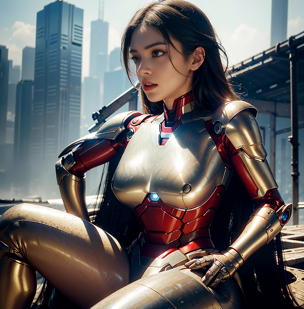 RAW, Masterpiece, Ultra Fine Photo,, Best Quality, Ultra High Resolution, Photorealistic, Sunlight, Full Body Portrait, Stunningly Beautiful,, Dynamic Poses, Delicate Face, Vibrant Eyes, (Side View) , she is wearing a futuristic Iron Man mech, red and gold color scheme, highly detailed abandoned warehouse background, detailed face, detailed and complex busy background, messy, gorgeous, milky white, high detailed skin, realistic skin details, visible pores , sharp focus, volumetric fog, 8k uhd, dslr camera, high quality, film grain, fair skin, photorealism, lomography, sprawling metropolis in futuristic dystopia, view from below, translucent