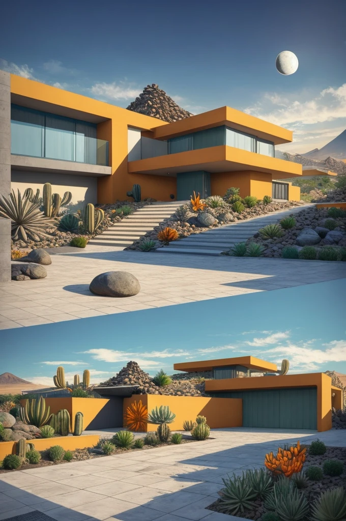 An illustration in collage style, with giant boulders, brutalist building sections, terraces, stairs, cacti, agave, concrete texture, multiple geometric shapes, hatch and cross hatching, planet saturn, volcano, moon, Luis Barragán's architectural style build, milky way galaxy, violet, one motorcycle, An illustration in collage style, with giant boulders, brutalist building sections, stairs, cacti, agave, concrete texture, multiple geometric shapes, hatch and cross hatching, planet saturn, volcano, moon, Luis Barragán's architectural style build, reflective pool, terraces. An elegant and modern build, in top of big boulders, with terraces, materials concrete, wood, steel and crystal, various gardens with tropical vegetation, cacti and rocks, stairs, a pool. In middle of sea, a big wave near, sunset, mountains and a volcano in the horizont, cute islands around, illustration format, cute color palette, detailed, masterpiece, award-winning work, clouds, Illustration, a garden with abundant cacti, ((various organic sculptures)), ((big rocks)), (((multiple sections))), collage style, detailed, (((color palette (olive green), (Mustard orange), cool grey, ((blue)), black and white))), (((a lot Luis barragán's architecture style builds))) big clouds, volcano in horizon, stairs, in the desert. ((masterpiece, best quality)),illustration,ultra detailed 8k, ((Ori Toor visual style)),soviet, megabuildings, megastructures, buildings, organic steel sculpture