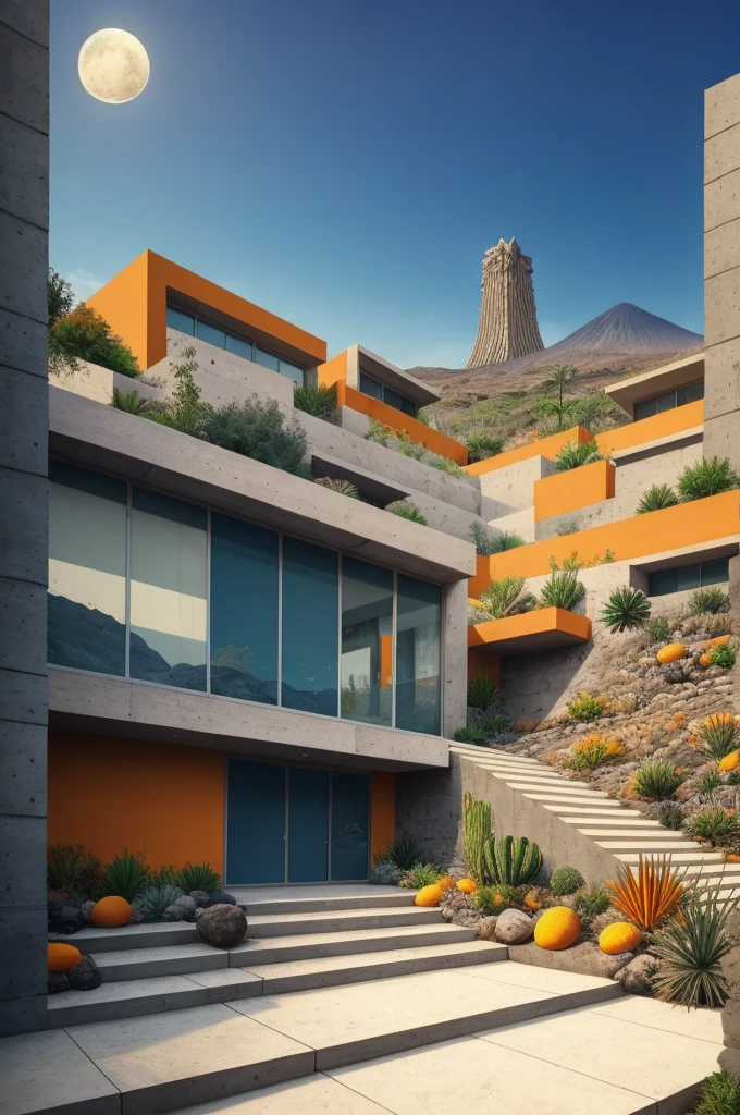 An illustration in collage style, with giant boulders, brutalist building sections, terraces, stairs, cacti, agave, concrete texture, multiple geometric shapes, hatch and cross hatching, planet saturn, volcano, moon, Luis Barragán's architectural style build, milky way galaxy, violet, one motorcycle, An illustration in collage style, with giant boulders, brutalist building sections, stairs, cacti, agave, concrete texture, multiple geometric shapes, hatch and cross hatching, planet saturn, volcano, moon, Luis Barragán's architectural style build, reflective pool, terraces. An elegant and modern build, in top of big boulders, with terraces, materials concrete, wood, steel and crystal, various gardens with tropical vegetation, cacti and rocks, stairs, a pool. In middle of sea, a big wave near, sunset, mountains and a volcano in the horizont, cute islands around, illustration format, cute color palette, detailed, masterpiece, award-winning work, clouds, Illustration, a garden with abundant cacti, ((various organic sculptures)), ((big rocks)), (((multiple sections))), collage style, detailed, (((color palette (olive green), (Mustard orange), cool grey, ((blue)), black and white))), (((a lot Luis barragán's architecture style builds))) big clouds, volcano in horizon, stairs, in the desert. ((masterpiece, best quality)),illustration,ultra detailed 8k, ((Ori Toor visual style)),soviet, megabuildings, megastructures, buildings, organic steel sculpture