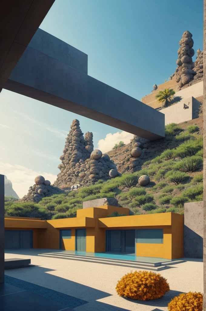 An illustration in collage style, with giant boulders, brutalist building sections, terraces, stairs, cacti, agave, concrete texture, multiple geometric shapes, hatch and cross hatching, planet saturn, volcano, moon, Luis Barragán's architectural style build, milky way galaxy, violet, one motorcycle, An illustration in collage style, with giant boulders, brutalist building sections, stairs, cacti, agave, concrete texture, multiple geometric shapes, hatch and cross hatching, planet saturn, volcano, moon, Luis Barragán's architectural style build, reflective pool, terraces. An elegant and modern build, in top of big boulders, with terraces, materials concrete, wood, steel and crystal, various gardens with tropical vegetation, cacti and rocks, stairs, a pool. In middle of sea, a big wave near, sunset, mountains and a volcano in the horizont, cute islands around, illustration format, cute color palette, detailed, masterpiece, award-winning work, clouds, Illustration, a garden with abundant cacti, ((various organic sculptures)), ((big rocks)), (((multiple sections))), collage style, detailed, (((color palette (olive green), (Mustard orange), cool grey, ((blue)), black and white))), (((a lot Luis barragán's architecture style builds))) big clouds, volcano in horizon, stairs, in the desert. ((masterpiece, best quality)),illustration,ultra detailed 8k, ((Ori Toor visual style)),soviet, megabuildings, megastructures, buildings, organic steel sculpture