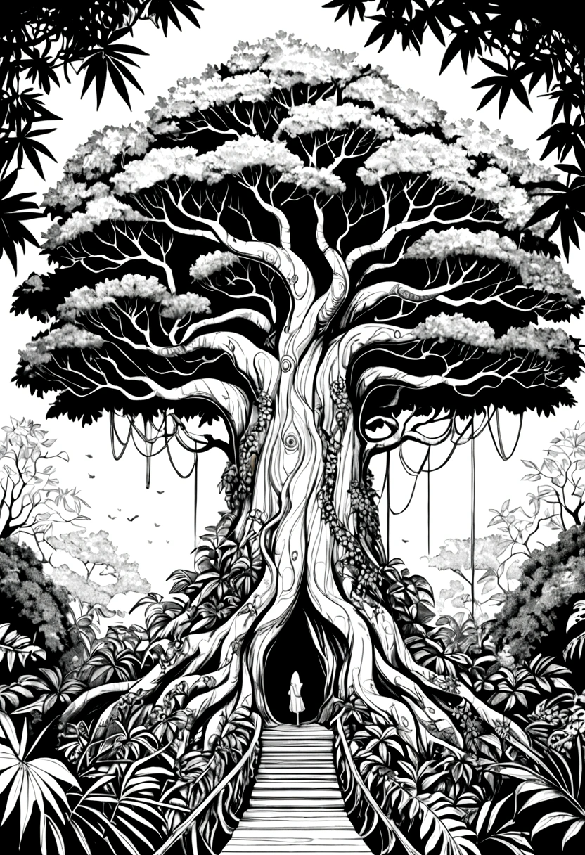 Rainforest，Big tree with vines entwined，Black and white line drawing，Line Art