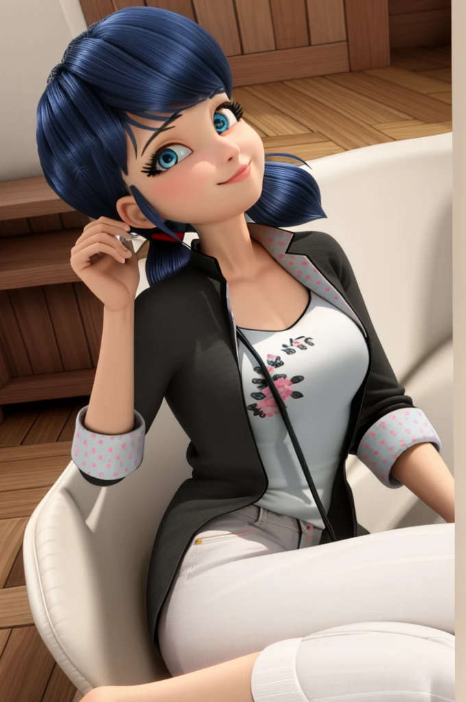 (8k, RAW photo, best quality, masterpiece:1.2), (intricate details), perfect eyes, perfect face, perfect lighting, beautiful, (masterpiece:1.2), (best quality:1.2), 1girl, solo, Marinette, blue hair, ((hair in ponytails)), adult torso, 19 years old, slight smile, huge sized breasts, cowboy shot, 3DMM, laying down, side view, 