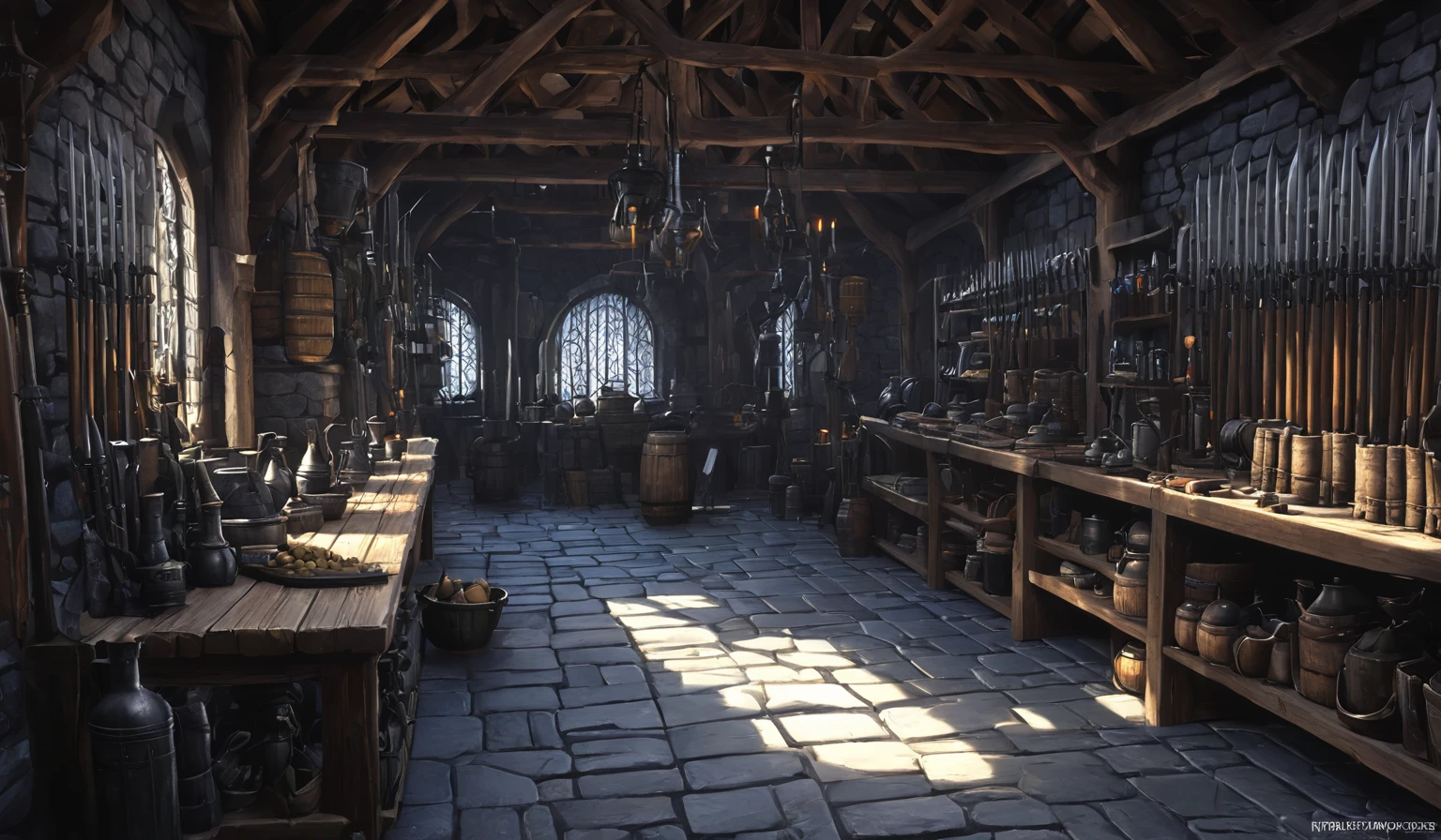 middle Ages,The inside of a cold weapon store, middle Ages冷兵器商店内 setting, middle Ages冷兵器商店 详细的幻想插画, Detailed 4k , 4K detail art, Detailed 4k, Detailed fantasy digital art,Anime style