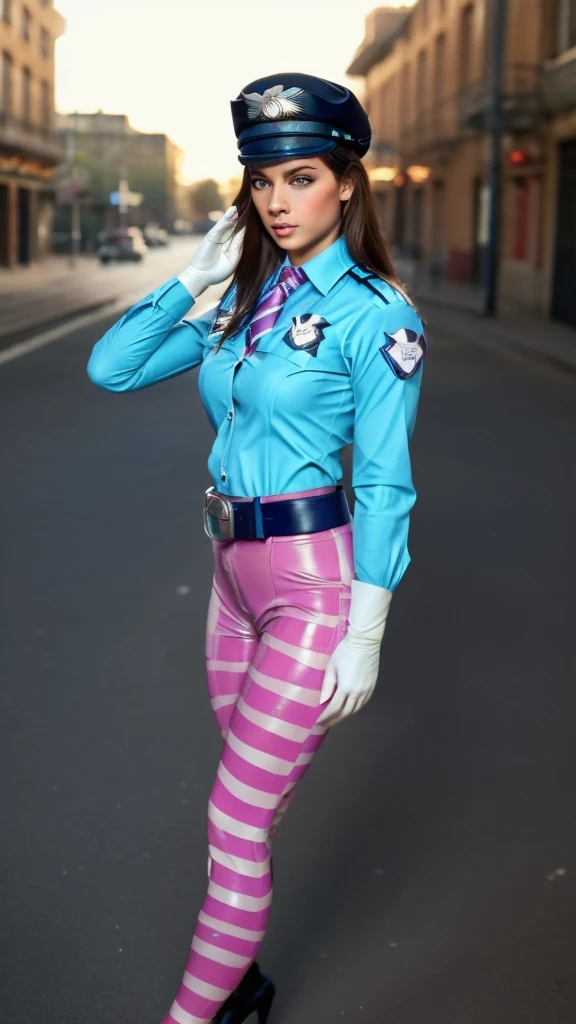1girl, solo, detailed skin, ultra realistic 8k cg, picture-perfect face, flawless, clean, masterpiece, professional artwork, famous artwork, cinematic lighting, cinematic bloom, ((beautiful eyes)), intricate iris, (((perfect hands))), (extremely detailed background), ((dynamic background)), beautiful detailed girl, beautiful detailed nose, light on face, looking at viewer,(outdoors, street, police station, police car:1.1), cchana, long hair, brown hair, whisker markings, police hat, white headwear, (police uniform, striped necktie, blue shirt, collared shirt, breast pocket, long sleeves, white gloves, belt, black pants), CorruptA, corruption, mind control, pink eyes, (growing eyes:1.3), (cameltoe), (standing, salute),

