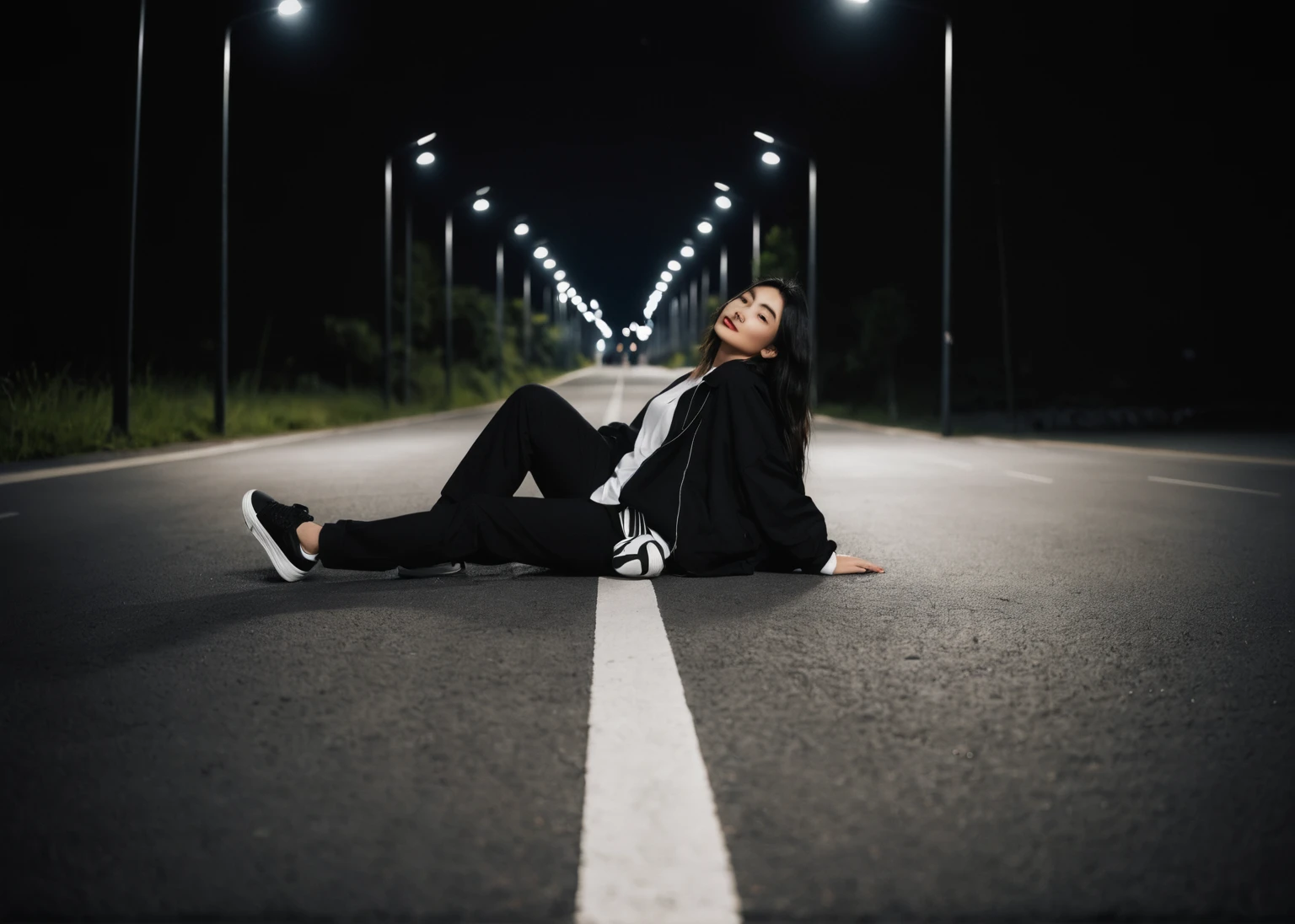 girl in black and white sneakers, black trousers, White T-shirt