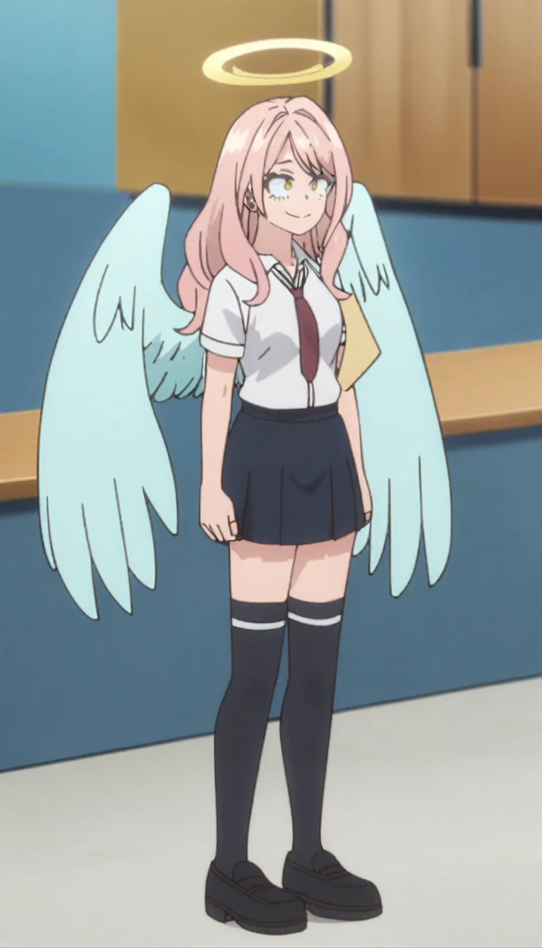 1girl, my hero academia screencap, boku no hero academia, pink hair, gold eyes, smiling, super long hair, cute, wearing white school shirt, red ribbon tie on shirt, in a classroom, cute gold earrings, bangs, , full body, large angel wings on back, halo, short skirt, thigh high black socks, big , cute, elegant