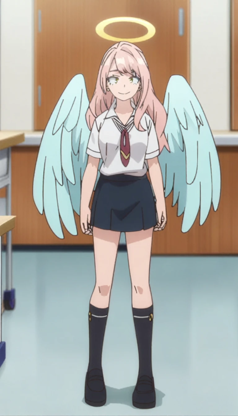 1girl, my hero academia screencap, boku no hero academia, pink hair, gold eyes, smiling, super long hair, cute, wearing white school shirt, red ribbon tie on shirt, in a classroom, cute gold earrings, bangs, , full body, large angel wings on back, halo, short skirt, thigh high black socks, big , cute, elegant