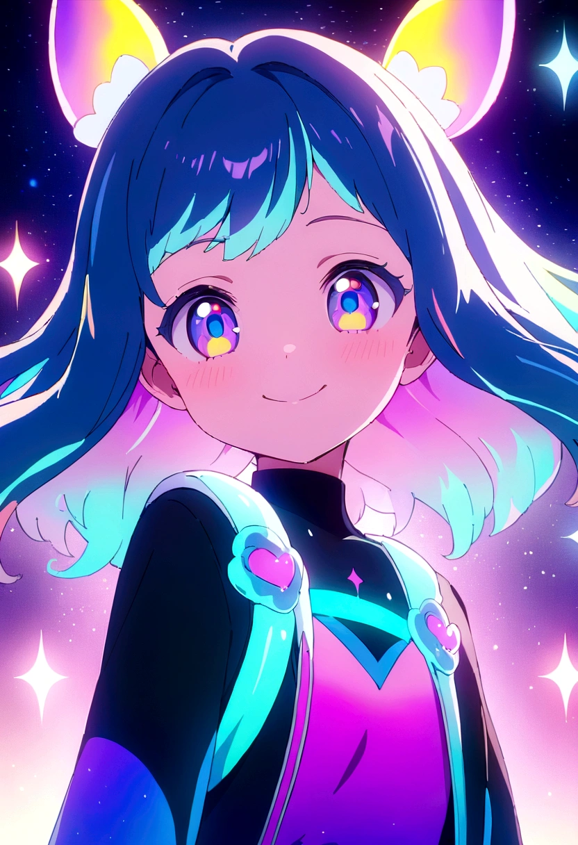 masterpiece, best quality, movie still, 1girl, neon background, cute smile, cute girl, anime style, kawaii, colorful, cosmic girl, floating in the sky, close-up, bright, happy, neon soft lighting, cosmic, dark blue, neon hair, neon eyes, purple, (sparks:0.7)