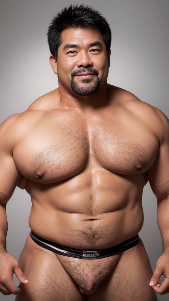 black hair, middle-aged man, individual, male, Muscular wrestler, muscular, Stout wrestler, Asian, Japanese, uncle, 55 year old middle-aged man, short hair, short hair, red wrestling boots, full body portrait, shadow, Vision, red briefs, obesity, 45 years old, short beard, middle-aged man, tattoo, fingerless gloves, Wheat skin, shiny skin, dark skin, Show your pectoral muscles, sumo wrestler, bodybuilder, wide temples, Visible abdominal muscles, Smile, Fine hands, solid color background, pure white background, Surrealism, Panorama, 8k, super detail，