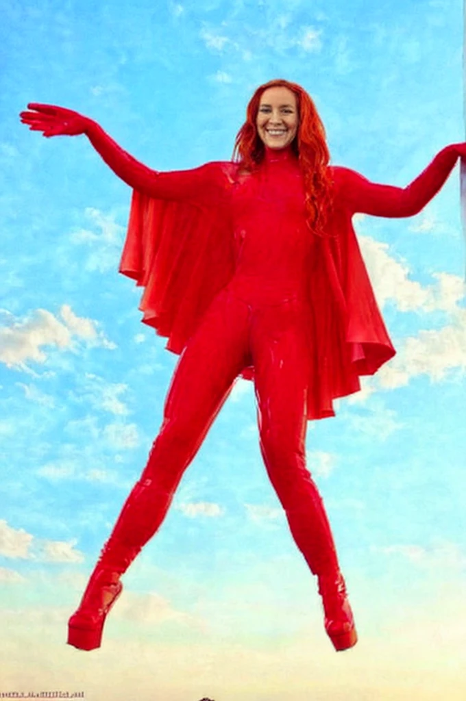 evedef, green eyes, orange hair, flowing cape, pink bodysuit, gloves, shorts, boots, looking at viewer, smiling, flying, in the air, blue sky, clouds, extreme detail, masterpiece,
