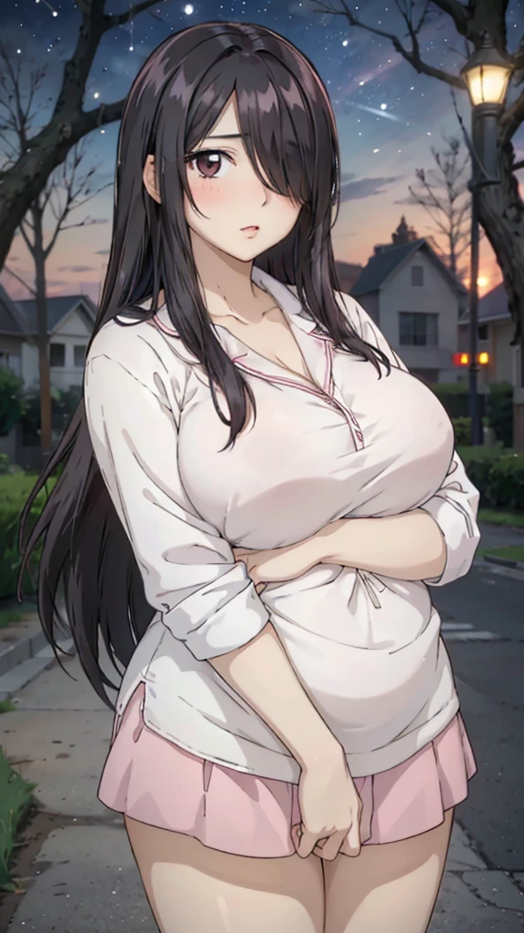 Cute mommy, mature women, realistic skin,perfect ,black hair, long hair, (hair over one eye:1.4), messy hair, hair between eyes, pajama,pink mini skirt, chubby,plump,fat,pucker lips,cute shy blush on, under tree,night