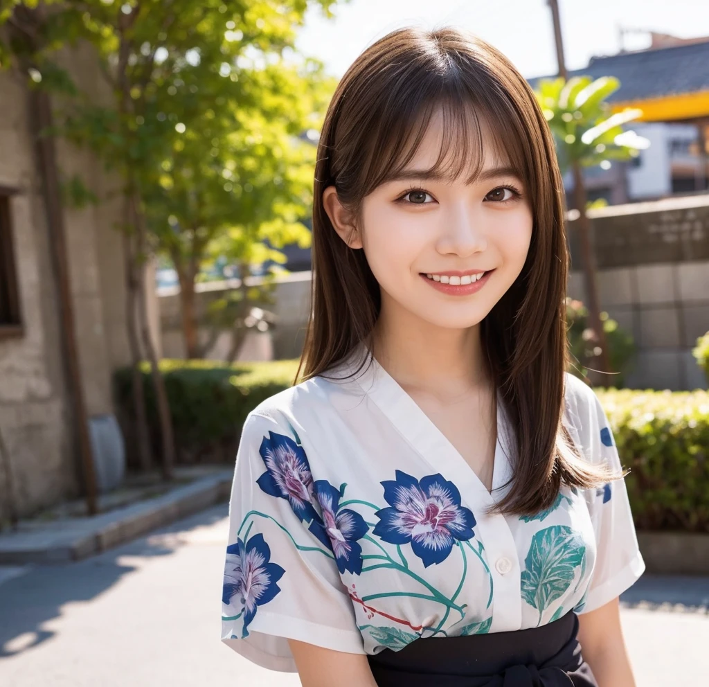 (Highest quality,masterpiece:1.3,Ultra-high resolution),(Very detailed,Caustics,8K),(Realistic:1.4,RAW shooting),26 years old,,(I'm looking at the camera with a smile on my face)Brown Hair,Medium Hair、T-Shirts,Knee-length skirt,street,,Soft sunlight,Natural light、Solo Snap、Natural color lip、Thin eyebrows、Dimples、yukata、Festive night