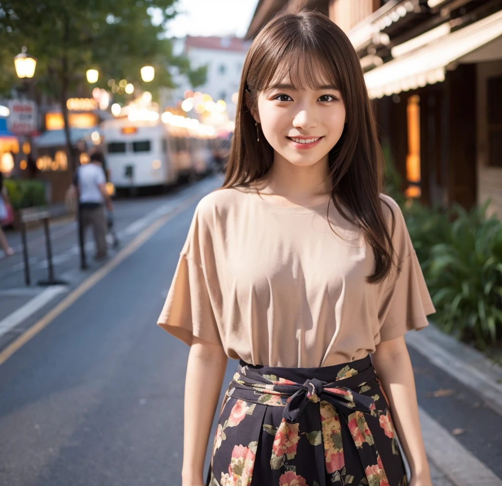 (Highest quality,masterpiece:1.3,Ultra-high resolution),(Very detailed,Caustics,8K),(Realistic:1.4,RAW shooting),26 years old,,(I'm looking at the camera with a smile on my face)Brown Hair,Medium Hair、T-Shirts,Knee-length skirt,street,,Soft sunlight,Natural light、Solo Snap、Natural color lip、Thin eyebrows、Dimples、yukata、Festive night