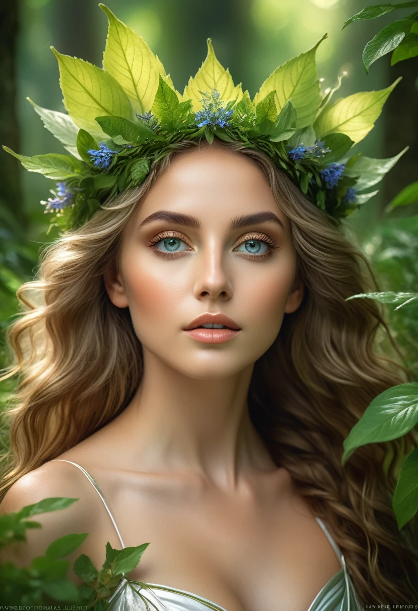 (best quality, 4k, 8k, highres, masterpiece:1.2), ultra-detailed, (realistic, photorealistic, photo-realistic:1.37), nature goddess, leaf body, portrait, greenery, wildflowers, breathtaking eyes, serene expression, graceful pose, ethereal beauty, luminous skin, flowing hair, elegant crown of leaves, soft natural light, vibrant colors, mythical essence, surreal atmosphere, dreamlike aura, harmonious connection with nature, enchanted forest.