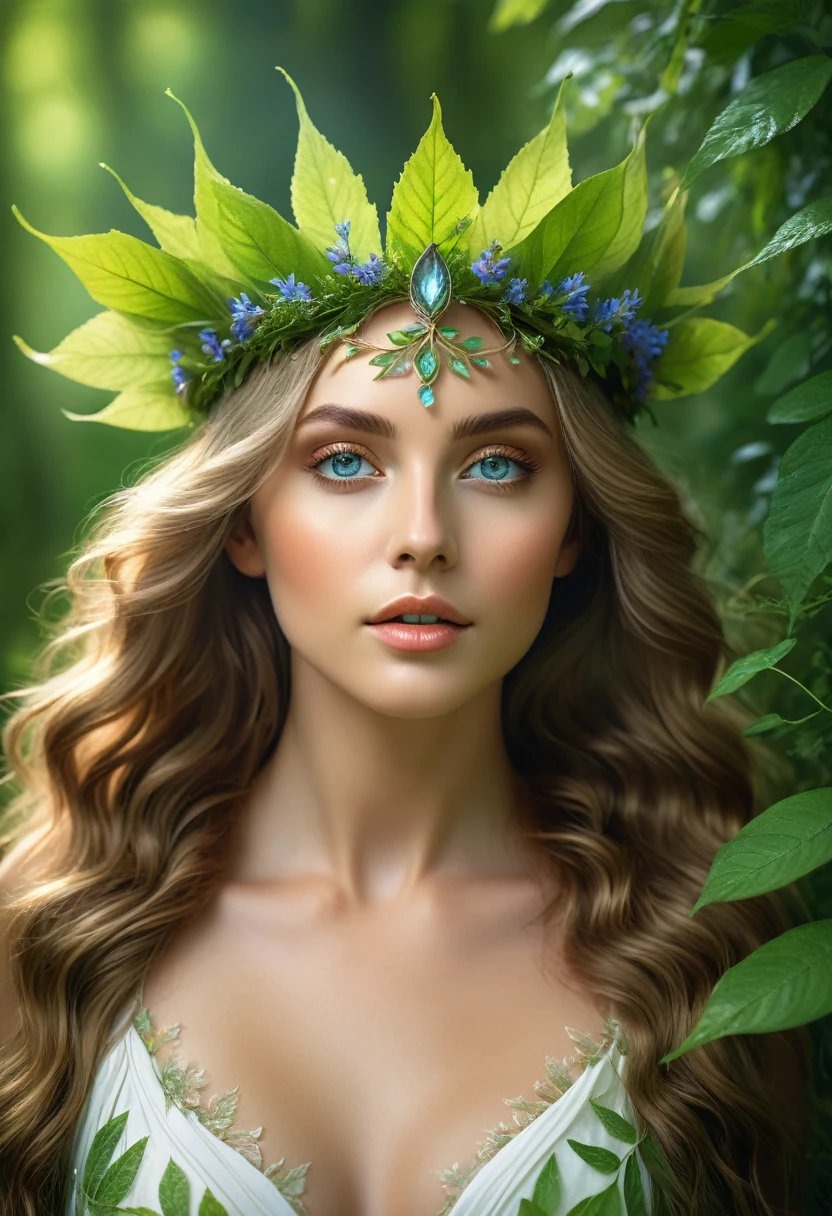 (best quality, 4k, 8k, highres, masterpiece:1.2), ultra-detailed, (realistic, photorealistic, photo-realistic:1.37), nature goddess, leaf body, portrait, greenery, wildflowers, breathtaking eyes, serene expression, graceful pose, ethereal beauty, luminous skin, flowing hair, elegant crown of leaves, soft natural light, vibrant colors, mythical essence, surreal atmosphere, dreamlike aura, harmonious connection with nature, enchanted forest.