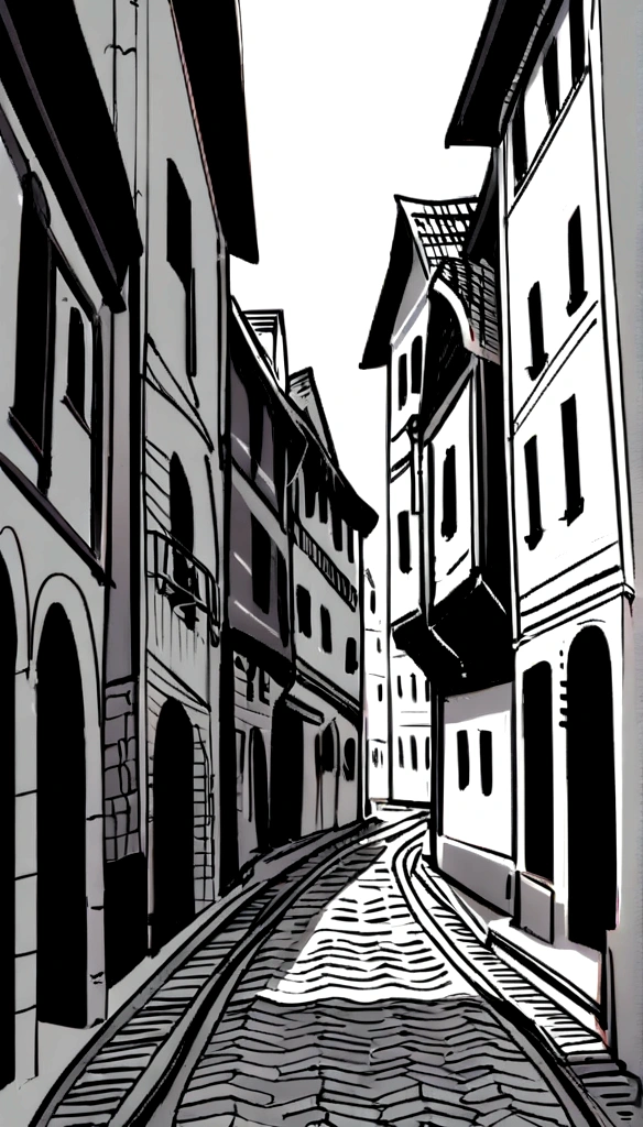 Medieval Europe,Old town streets。Black and white line drawing