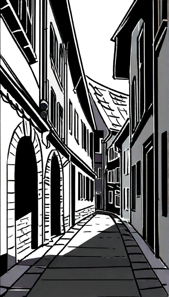 Medieval Europe,Old town streets。Black and white line drawing