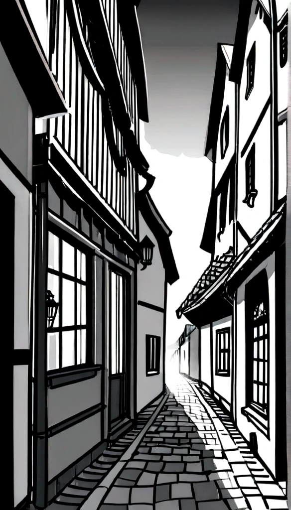 Medieval Europe，Old town streets。Black and white line drawing