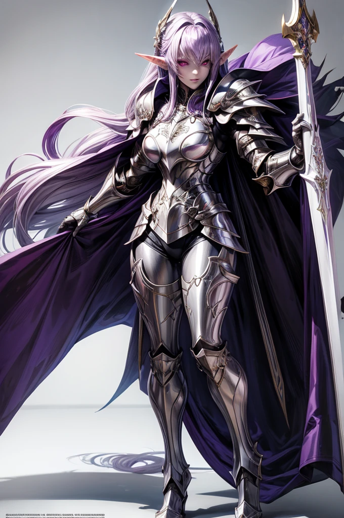 female elf knight, full body art, purple hair, white skin, red iris eye, knight full plate adorned armor, silver cape, perfectly detailed