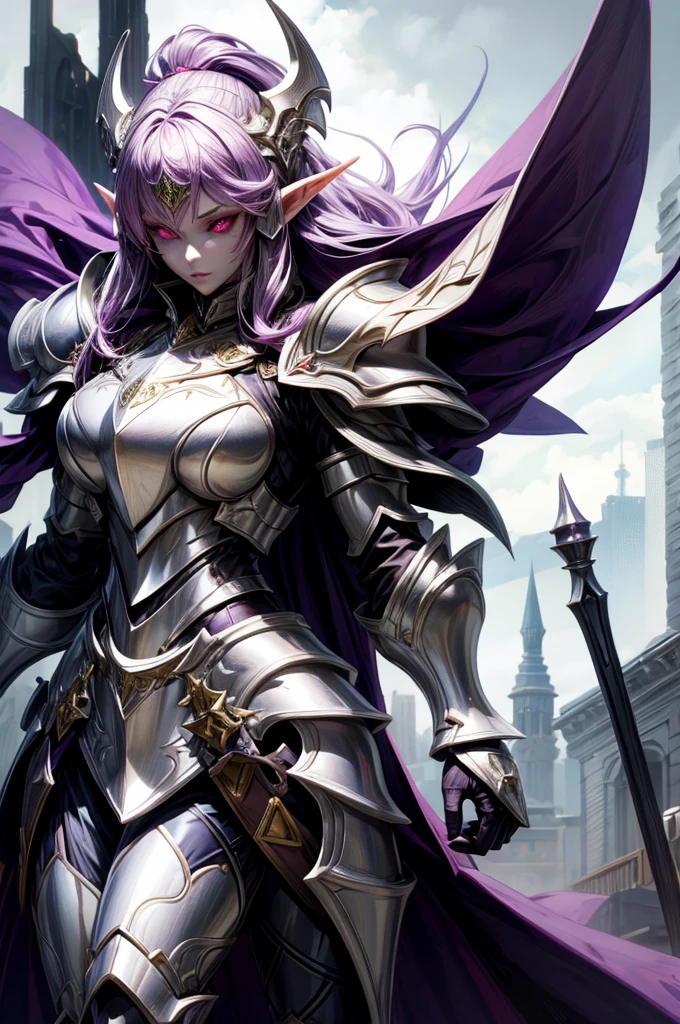 female elf knight, full body art, purple hair, white skin, red iris eye, knight full plate adorned armor, silver cape, perfectly detailed