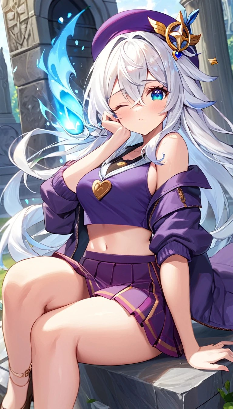 ((Best Quality, 8K, Masterpiece: 1.3)), 1girl, Beauty: 1.3, (Hairstyle Casual,) sitting on a gravestone, worms eye view, Super Fine Face, sexy The image features an animated character with a whimsical and fantastical design. The character has long, flowing white hair with a hat on the top of their head and a protection charm like qiqi has from genshin impact. Their eyes are a golden hue, and they have a serene expression on their face. The character is wearing a purple baggy jacket that seems to be covered in patches and sown together. a short purple skirt and crop top accentuate her curves and the charms covering her arms and legs. The outfit has red lining. Additionally, the character is followed by what appears to be a blue flame or energy. skin color is a pale almost dead color