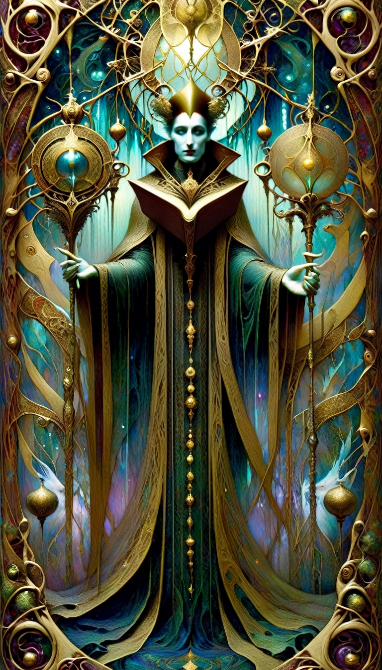 tarot card, the emperor, IN THE TRONE ((text on card: "EL EMPERADOR"))by Brian Froud and Carne Griffiths and Wadim Kashin, intricate details, oil