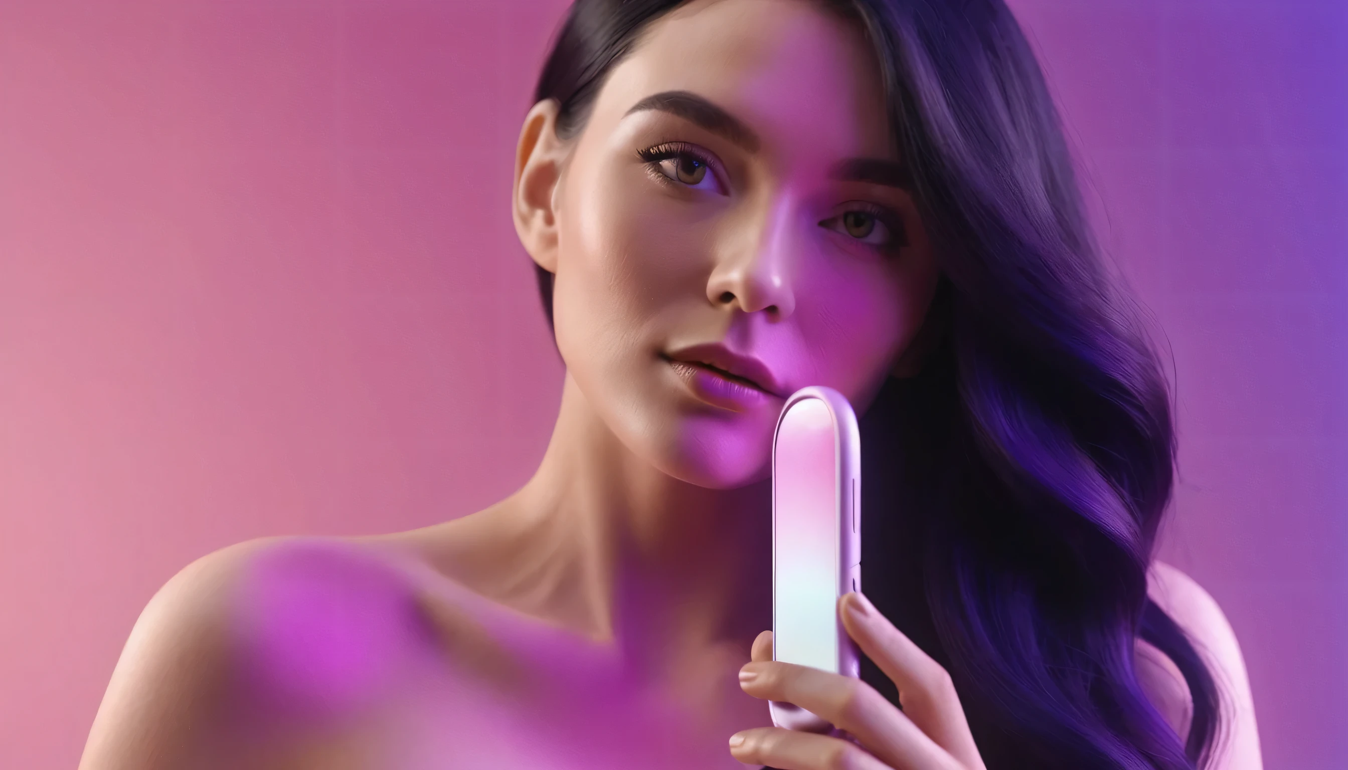 woman holds smartphone in her hand, naked european woman holding a dildo and smartphone that is glowing with pink and purple colours, in front of blackhair man, we can see their face close, closeup, minimalistic, in a light purple and pink style, with soft edges and blurred details, in the toycore style, with a 3D render, on a colorful background, with a minimalist stage design, in a surreal style, with a cinema4D rendering, with a minimalist style, with low saturation, using gradient colors, with a cinema4D rendering, with a blender rendering, with super detail, at a super high resolution, at a super high definition
