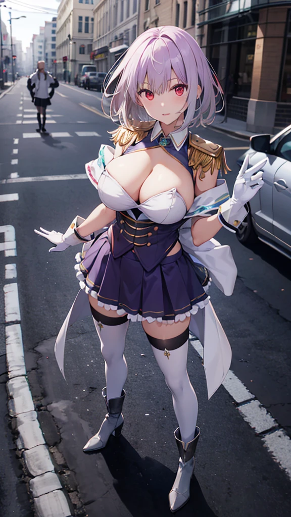 (full body),masterpiece, Highest quality, High resolution, male, short hair, Hello, Red eyes, Large Breasts, Cleavage, Epaulettes, White gloves, Elbow hand pockets, Purple Skirt, Knee socks, Cowboy Shot, (Pose in front),Straight, street,Low - Angle,Downから,Down