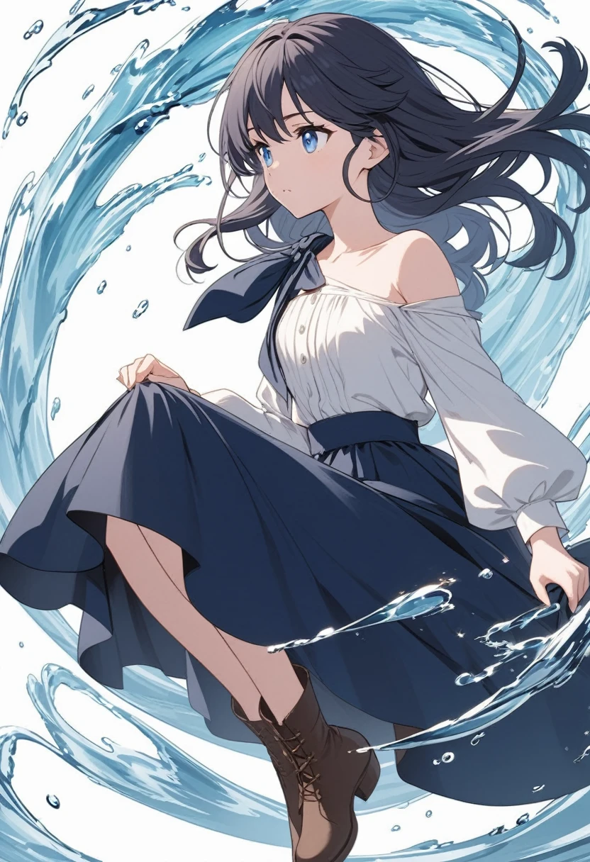 20 years old anime girl, with short dark blue hair to the shoulders, a serious yet tender expression, and bright light blue eyes. She dresses in an antique style, wearing a long dark blue skirt that reaches her knees, and small dark brown boots up to her ankles. Her white blouse is long-sleeved, covering her fingers slightly, and falls off one shoulder, leaving it exposed. She possesses water powers and has a water-themed background. 