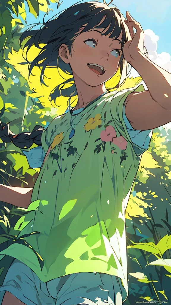 Affordable design, Clear lines, High Sharpness, (highest quality,4K,Perfect sharpness,Ultra fine,High resolution,masterpiece:1.2), Perfect Anatomy:1.5, Official Art, Illustrations that tell a story, (Whitish background:0. 9）、Body Positivity、Diverse physical expressions、(Random and mysterious poses)）、Perfect beauty、Perfect beautiful face、(Very strong wind)、A rich expression、Dynamic composition、Golden ratio composition、Farbeful、（(Farbe々Different angles and perspectives)）、Anime drawings、（(Overcoming stereotypes)）、 Glowing Skin、（Natural beauty）、bangs、Straight Long Hair、（Soft and flowing hair）、（countryside）、（(Nostalgic atmosphere)）、（(Playful and carefree)）、（diverse characters）、（(Graceful posture)）、（Sunny atmosphere）、（vivid Farbe）、Shorts、A light smile、 ((Emotional))、Bangs、Natural reaction、Summer outfit、(Braided Hair)、Show off your thighs、Strong winds、Energetic pose、((Run energetically))、Angle from below、Side angle、A quick background、
